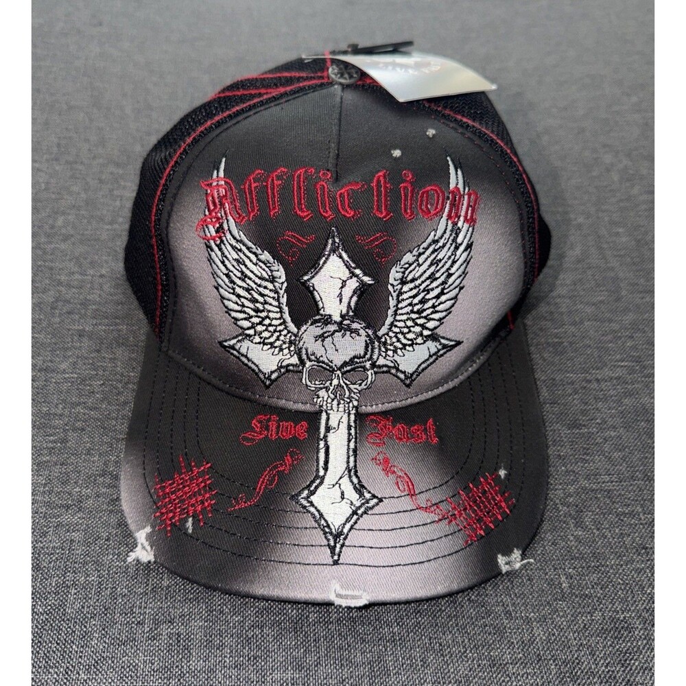 New Affliction "Live Fast" Distressed Snapback Trucker Hat Cap OSFM R08192
